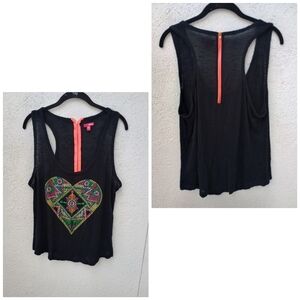 BONGO Black Tank Top with Colorful Heart Design Vintage 80's Casual Boho Chic